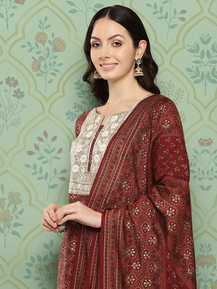 Maroon Printed Silk Blend Straight Kurta With Trousers & Dupatta - ShopLibas