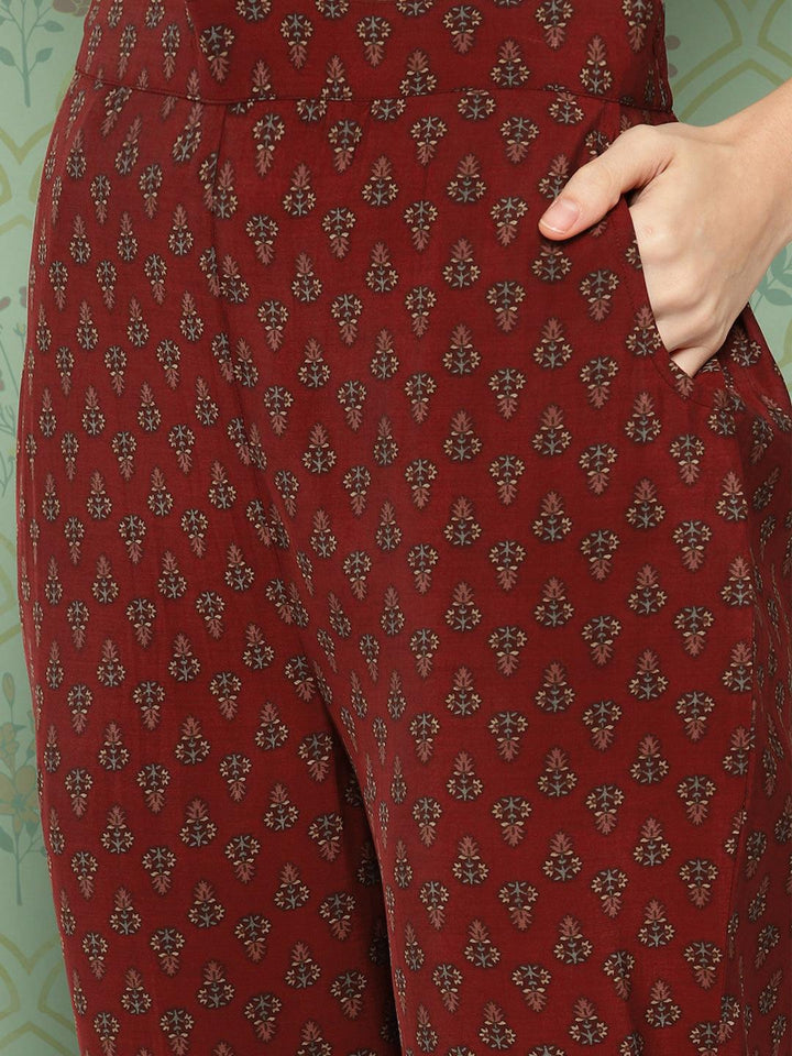 Maroon Printed Silk Blend Straight Kurta With Trousers & Dupatta - ShopLibas