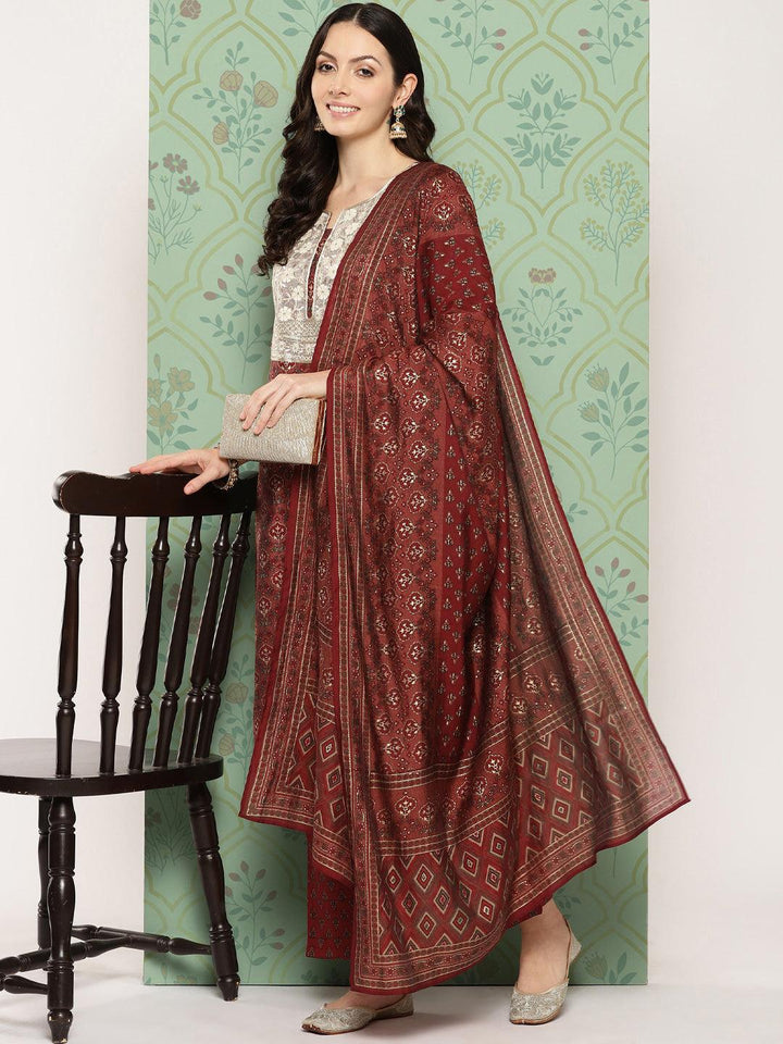 Maroon Printed Silk Blend Straight Kurta With Trousers & Dupatta - ShopLibas