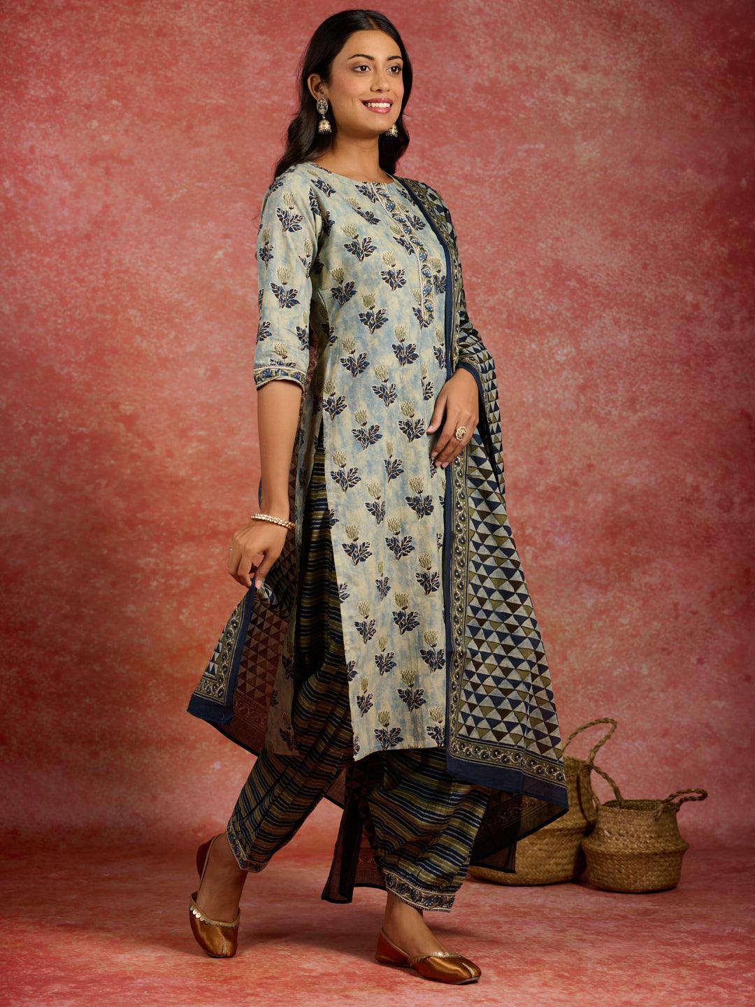 Grey Printed Cotton Straight Suit With Dupatta