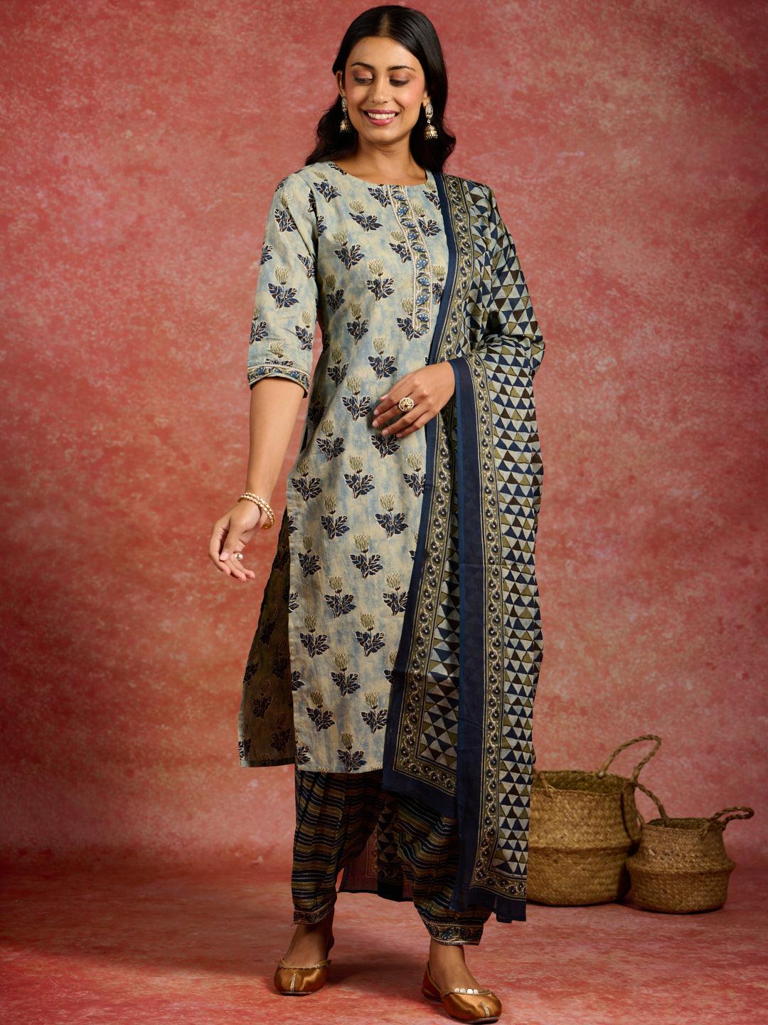 Grey Printed Cotton Straight Kurta With Salwar & Dupatta - ShopLibas