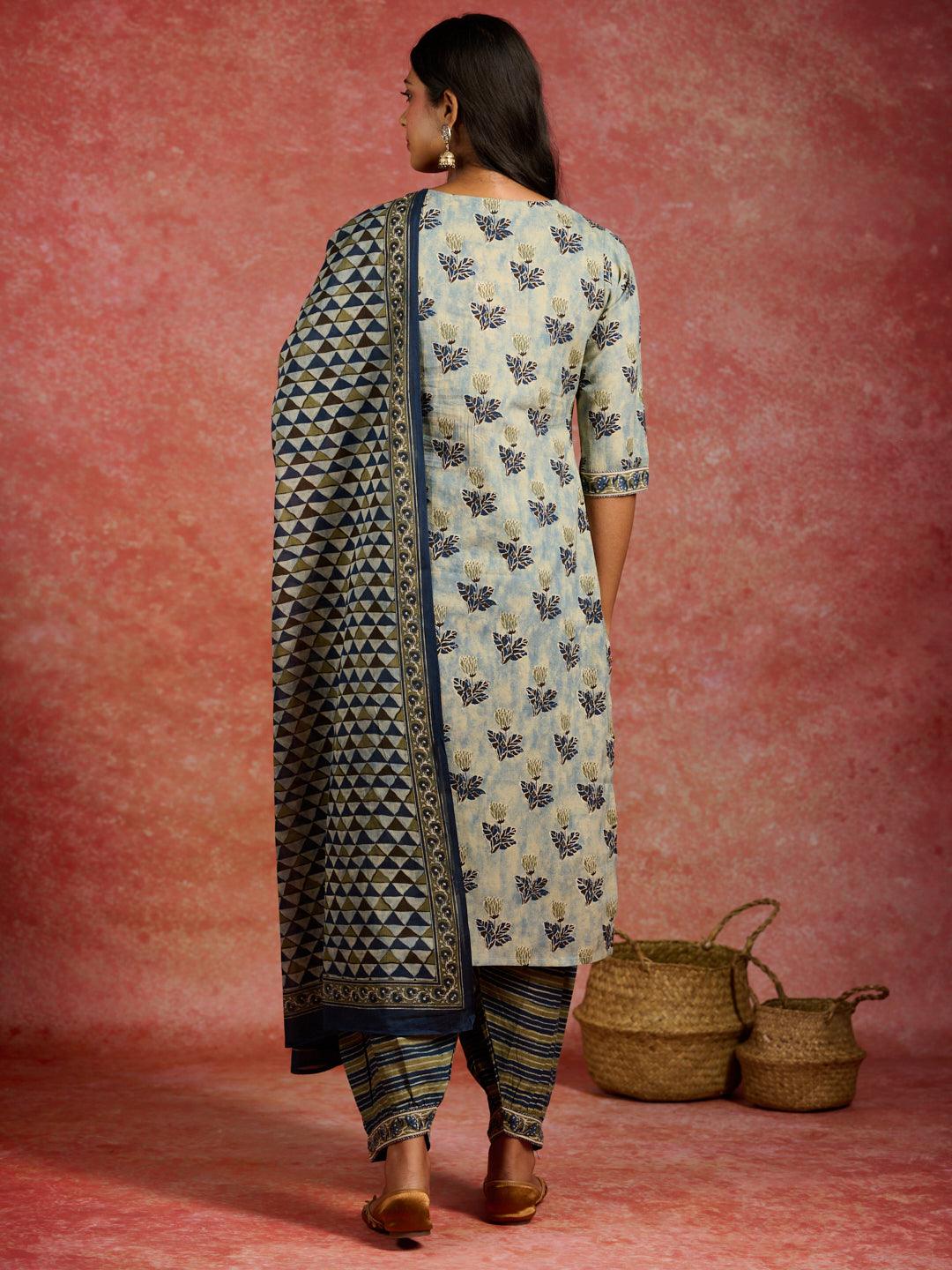 Grey Printed Cotton Straight Suit With Dupatta