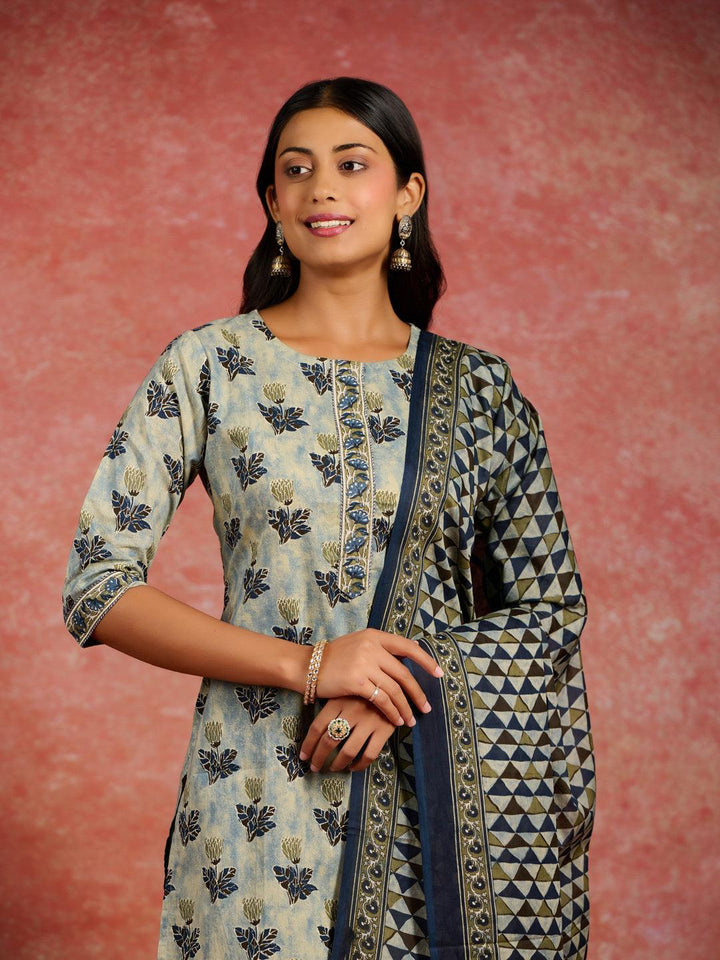 Grey Printed Cotton Straight Kurta With Salwar & Dupatta - ShopLibas