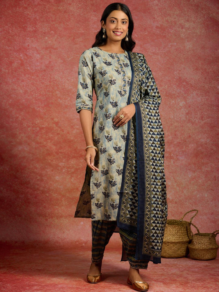 Grey Printed Cotton Straight Kurta With Salwar & Dupatta - ShopLibas