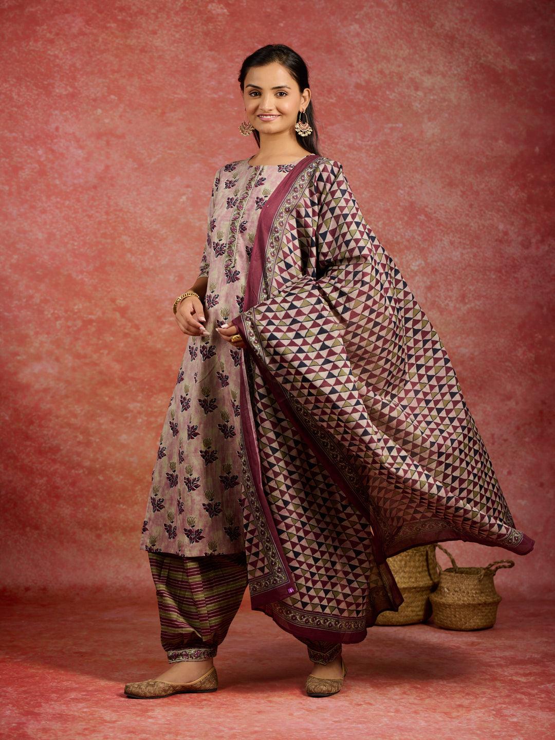 Pink Printed Cotton Straight Kurta With Salwar & Dupatta - ShopLibas