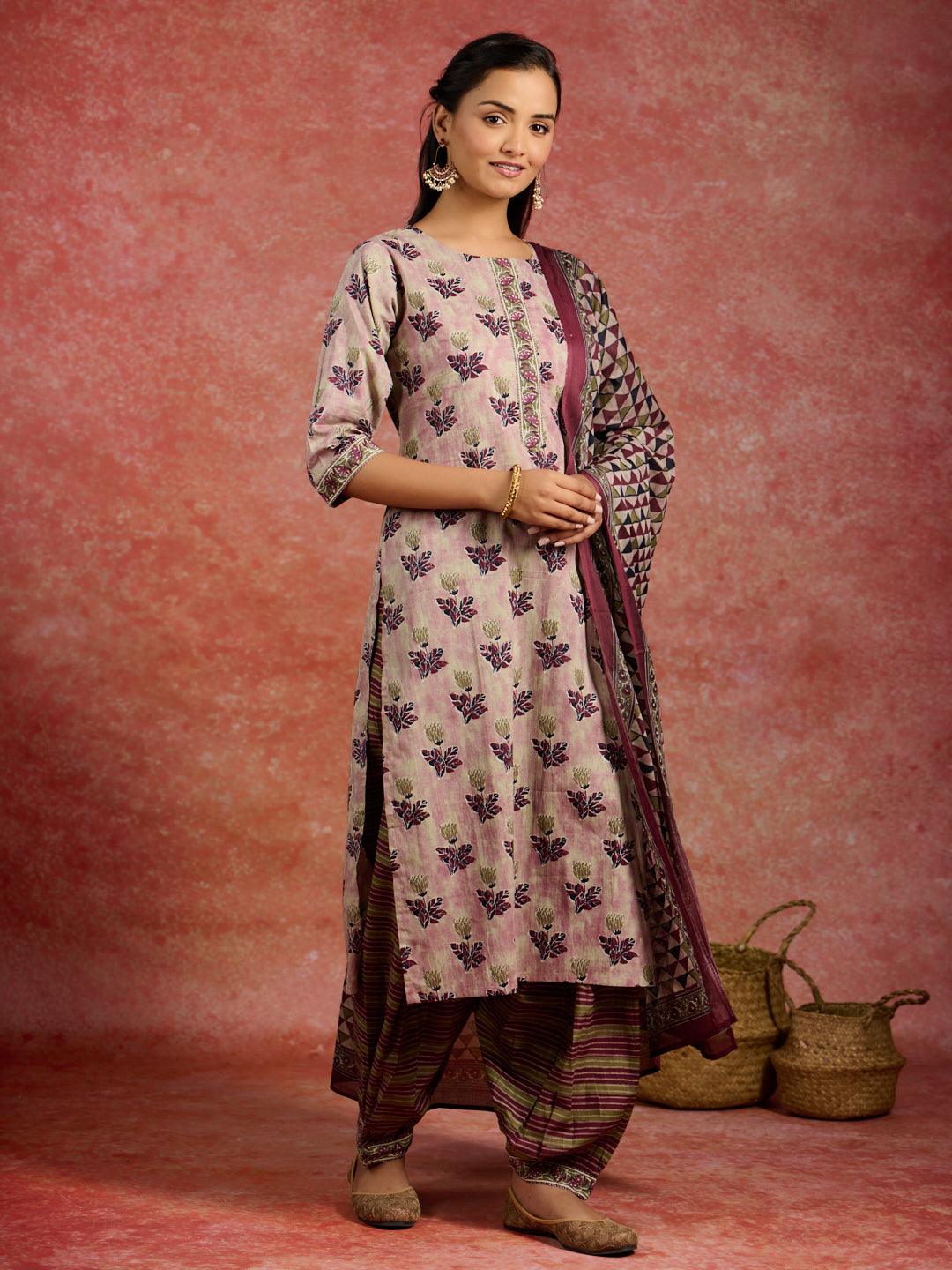 Pink Printed Cotton Straight Suit With Dupatta