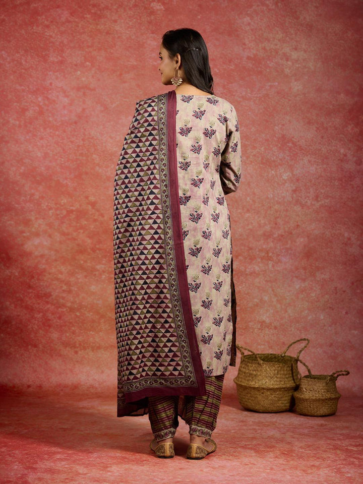 Pink Printed Cotton Straight Kurta With Salwar & Dupatta - ShopLibas