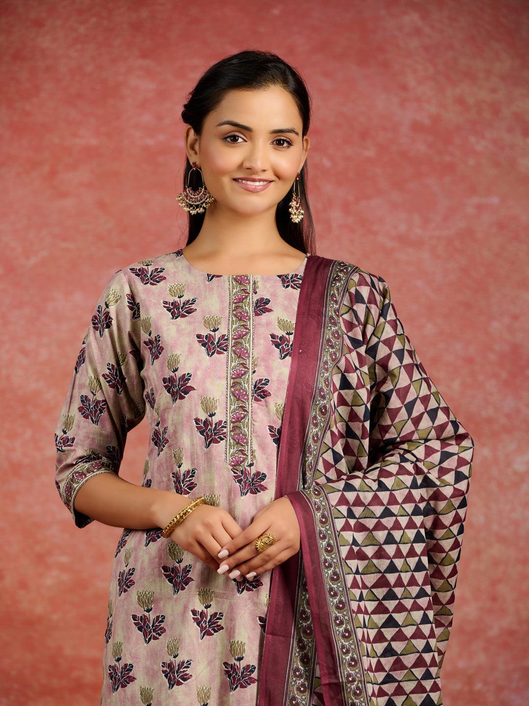 Pink Printed Cotton Straight Suit With Dupatta