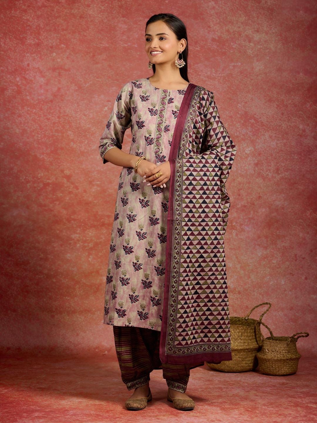 Pink Printed Cotton Straight Suit With Dupatta