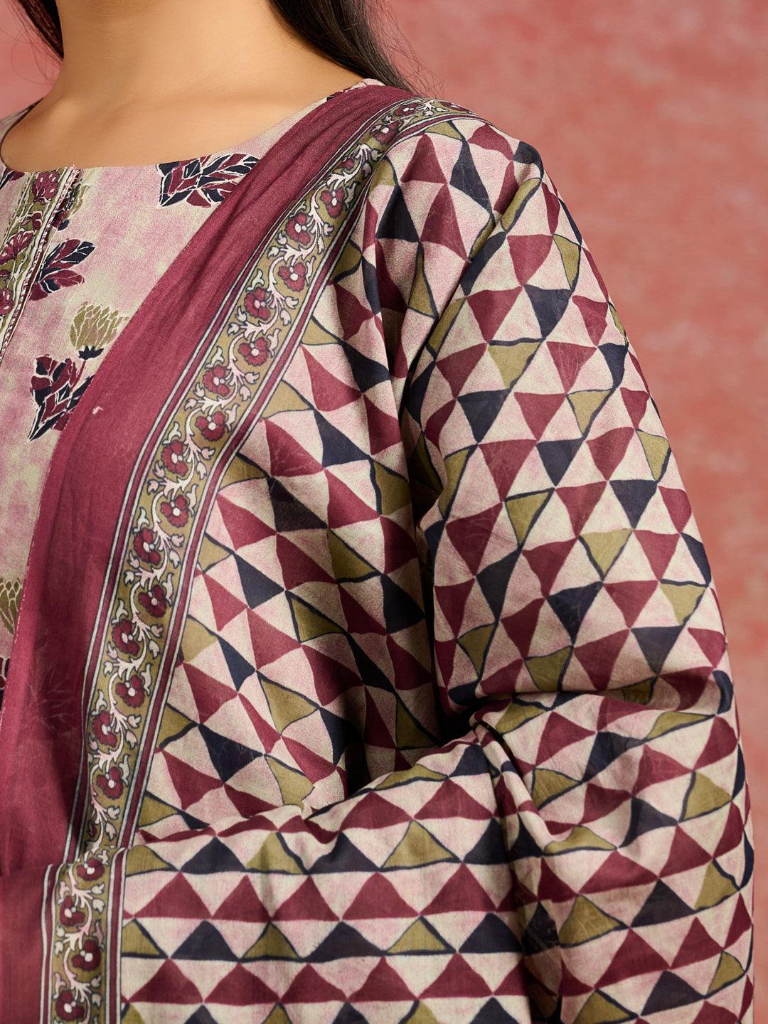 Pink Printed Cotton Straight Suit With Dupatta