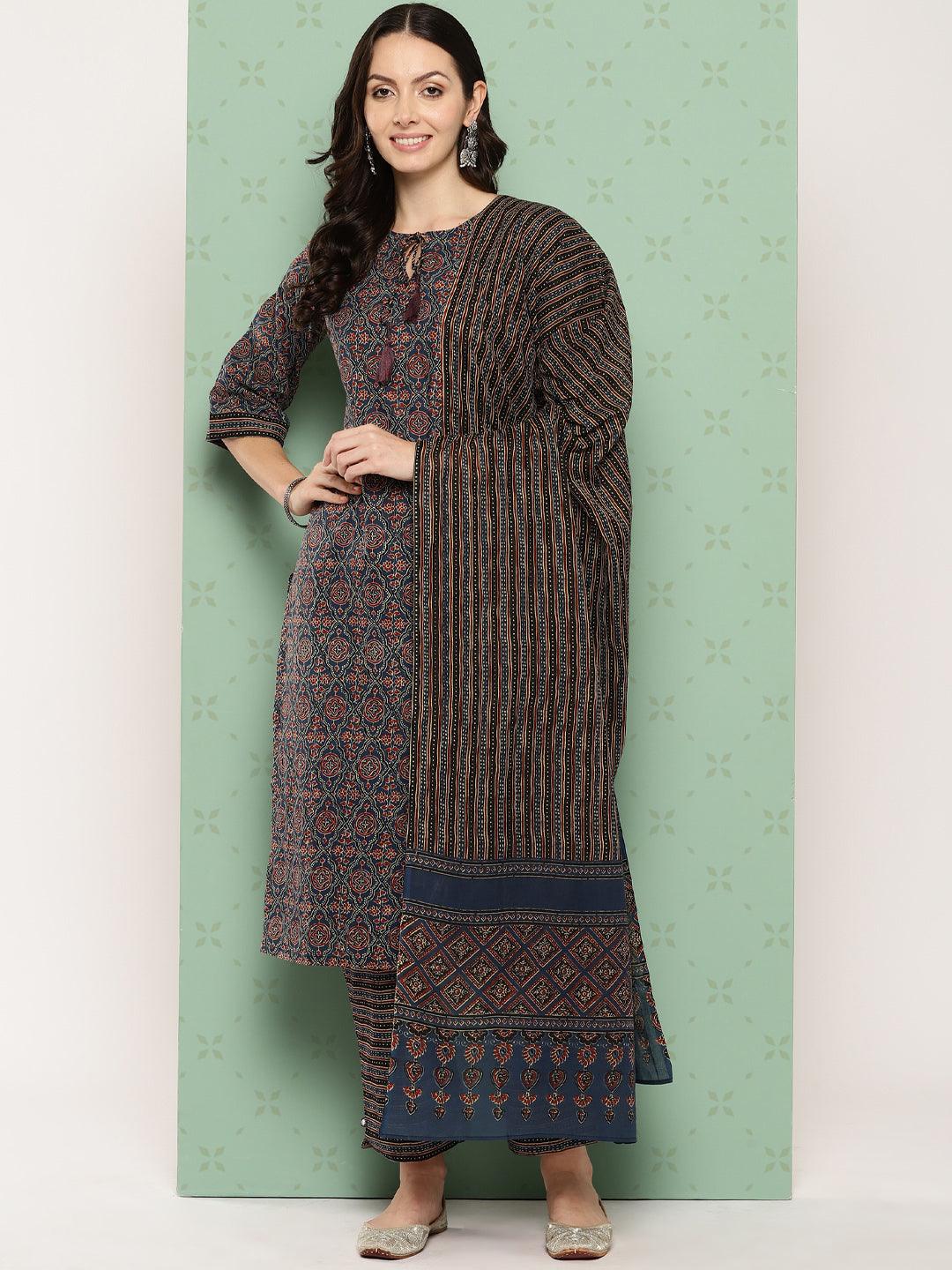 Blue Printed Cotton Straight Kurta With Trousers & Dupatta - ShopLibas