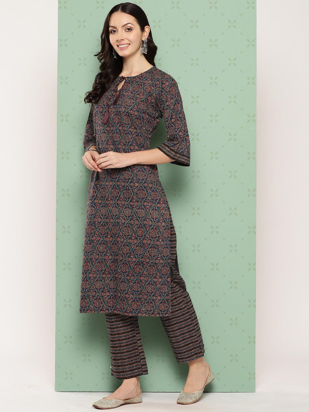 Blue Printed Cotton Straight Kurta With Trousers & Dupatta - ShopLibas