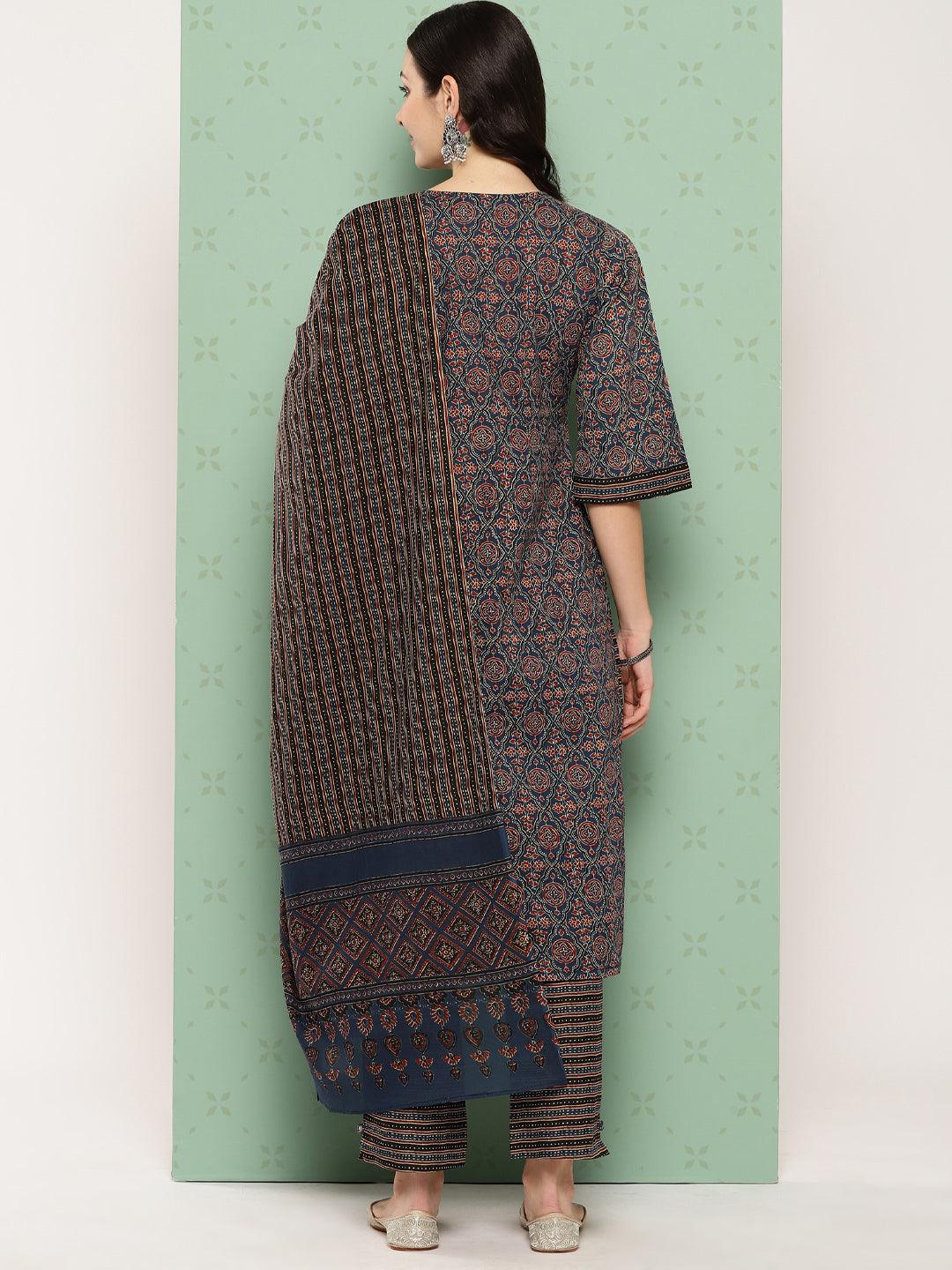 Blue Printed Cotton Straight Kurta With Trousers & Dupatta - ShopLibas