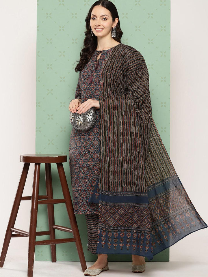 Blue Printed Cotton Straight Kurta With Trousers & Dupatta - ShopLibas