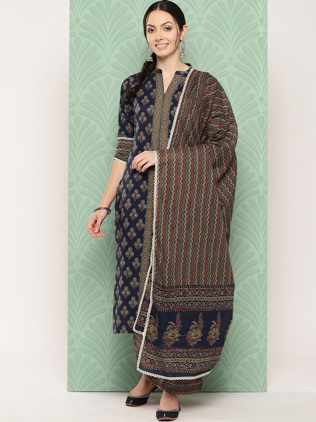 Blue Printed Cotton Straight Kurta With Palazzos & Dupatta - ShopLibas