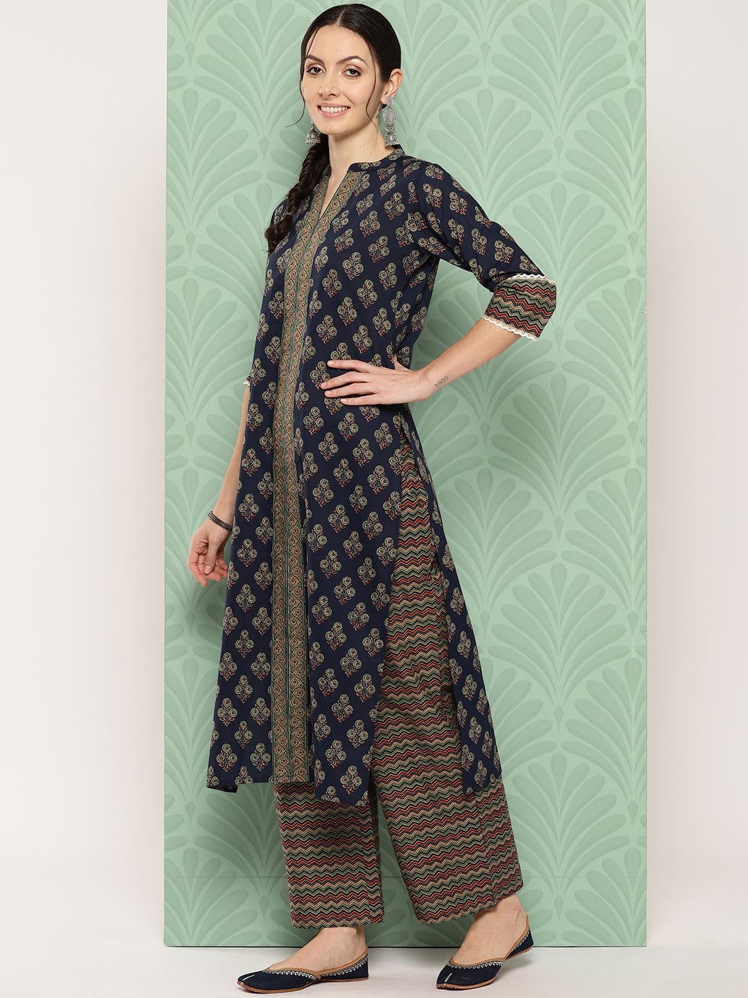 Blue Printed Cotton Straight Kurta With Palazzos & Dupatta - ShopLibas