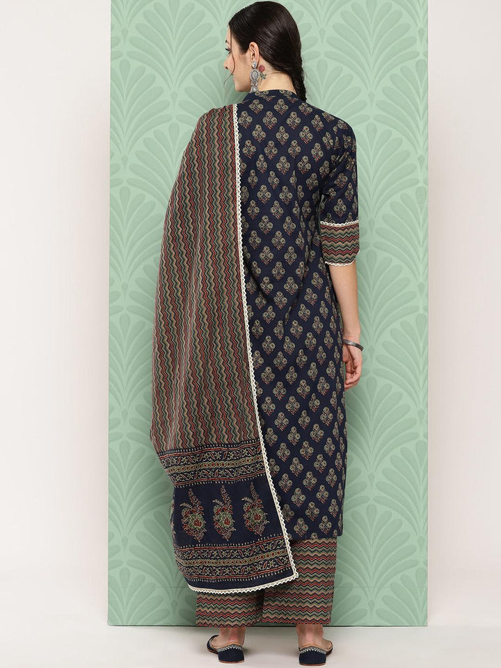 Blue Printed Cotton Straight Kurta With Palazzos & Dupatta - ShopLibas