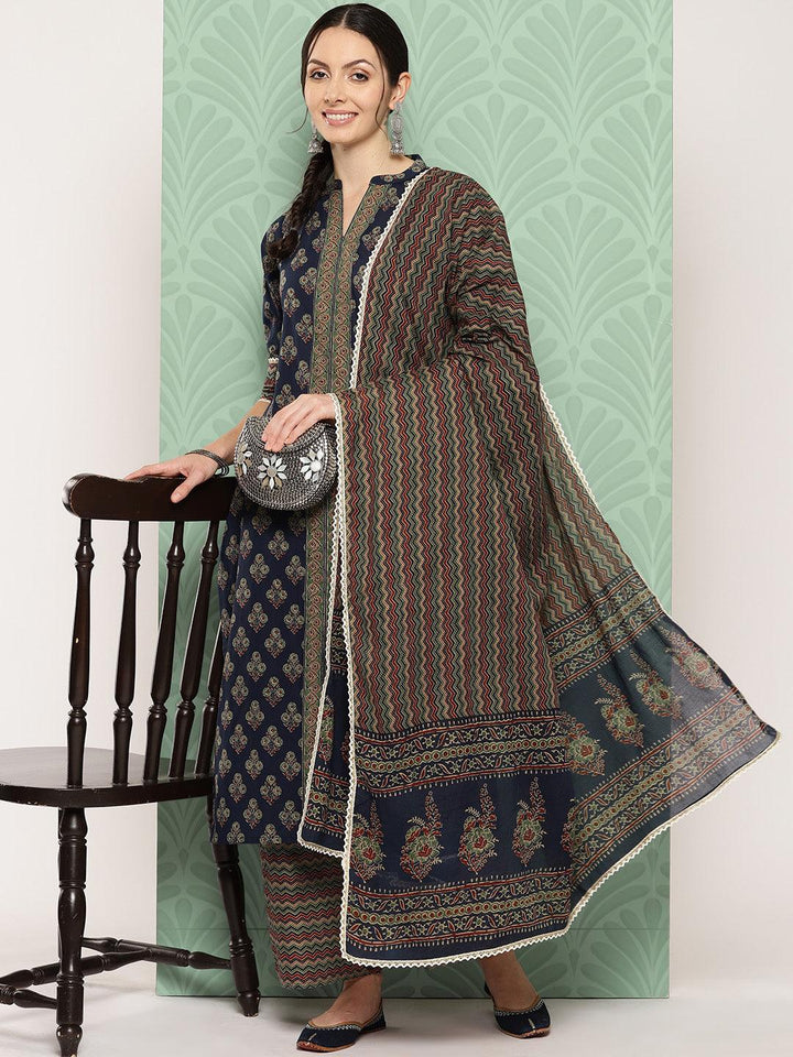 Blue Printed Cotton Straight Kurta With Palazzos & Dupatta - ShopLibas