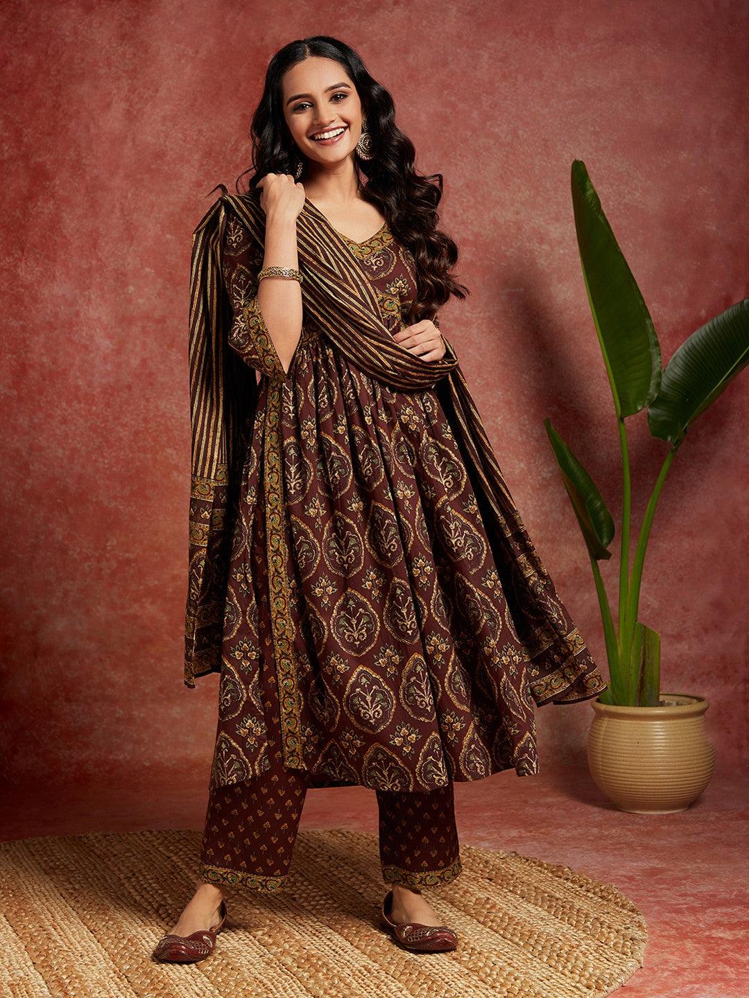 Brown Printed Cotton A-Line Kurta With Trousers & Dupatta - ShopLibas