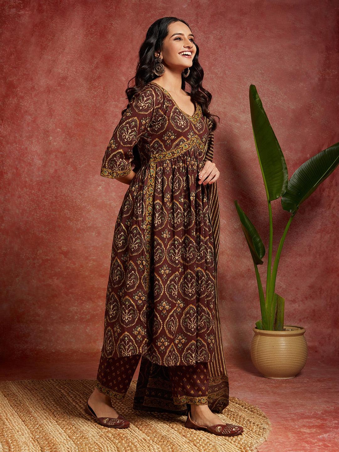 Brown Printed Cotton A-Line Kurta With Trousers & Dupatta - ShopLibas