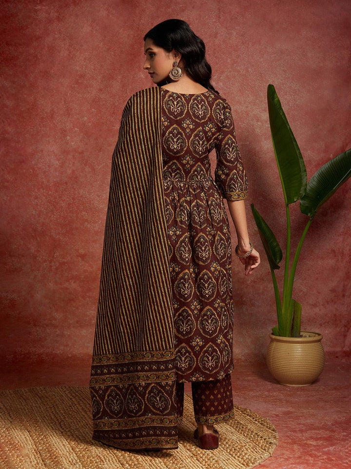 Brown Printed Cotton A-Line Kurta With Trousers & Dupatta - ShopLibas