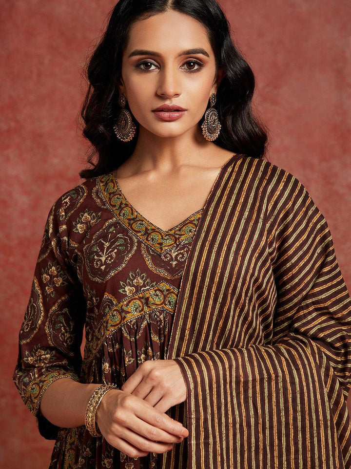 Brown Printed Cotton A-Line Kurta With Trousers & Dupatta - ShopLibas