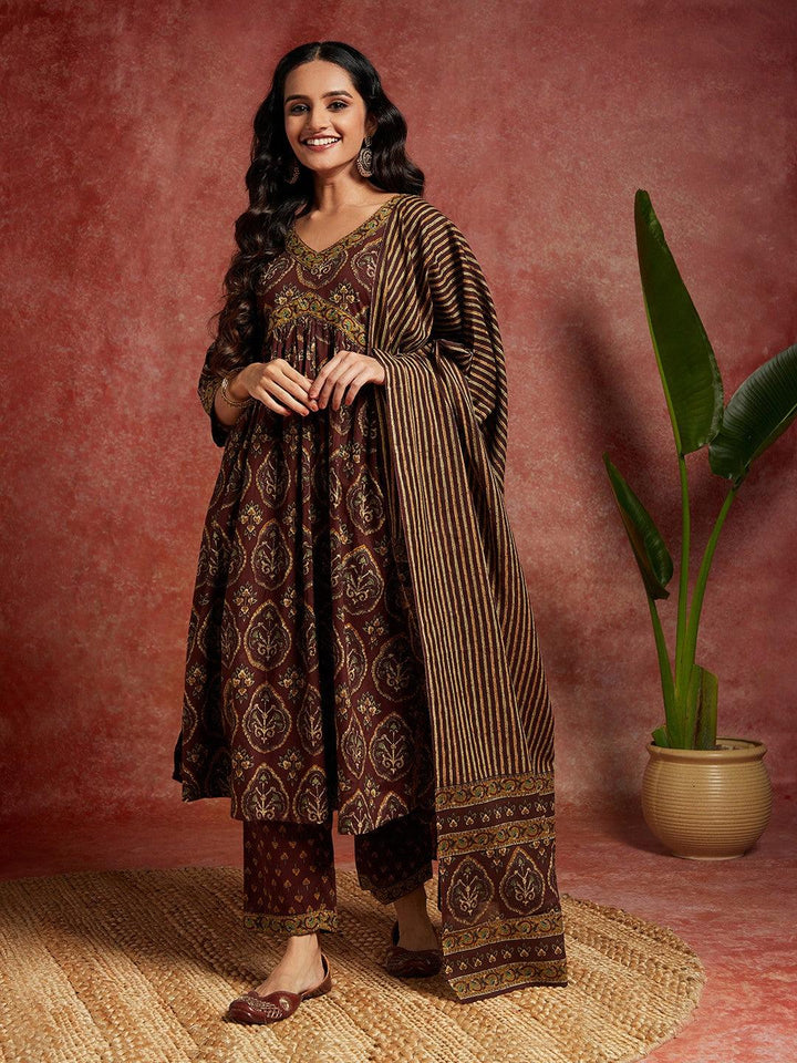 Brown Printed Cotton A-Line Kurta With Trousers & Dupatta - ShopLibas