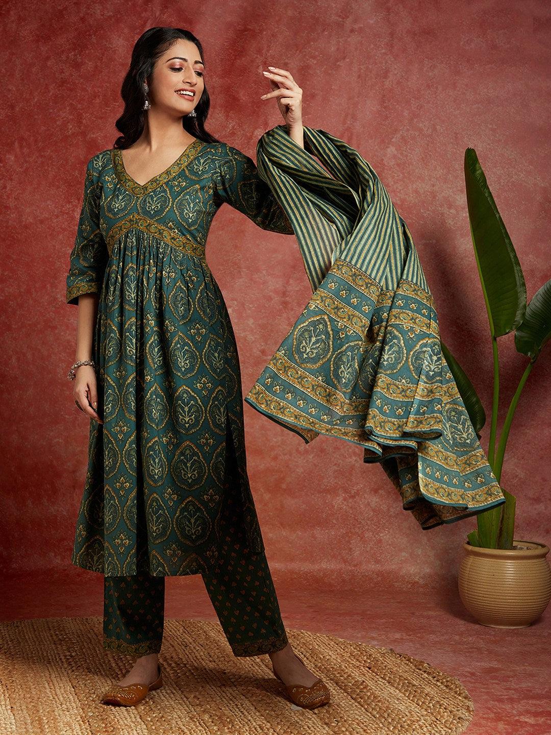 Green Printed Cotton A-Line Kurta With Trousers & Dupatta