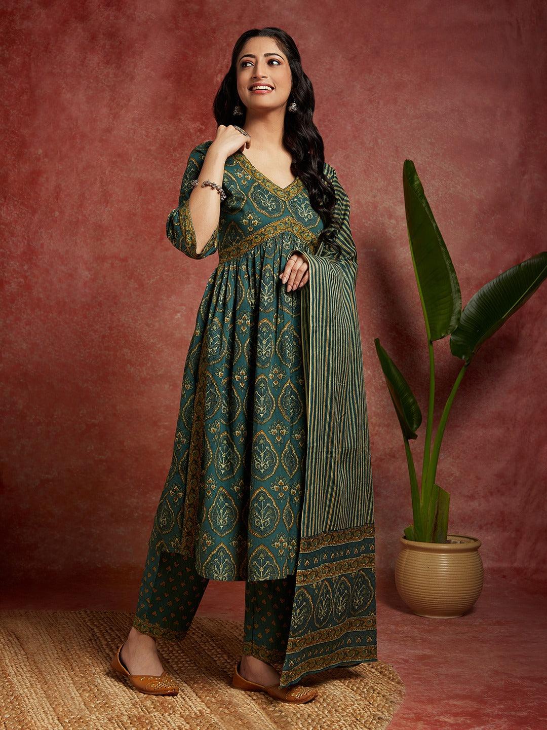 Green Printed Cotton A-Line Kurta With Trousers & Dupatta