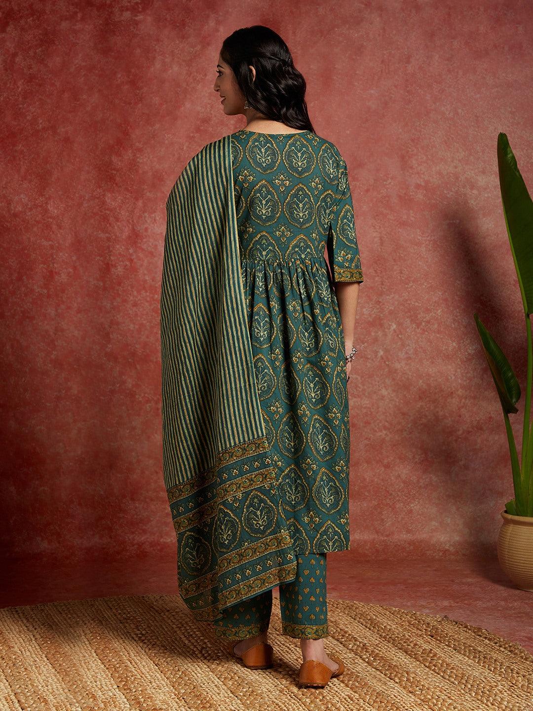 Green Printed Cotton A-Line Kurta With Trousers & Dupatta