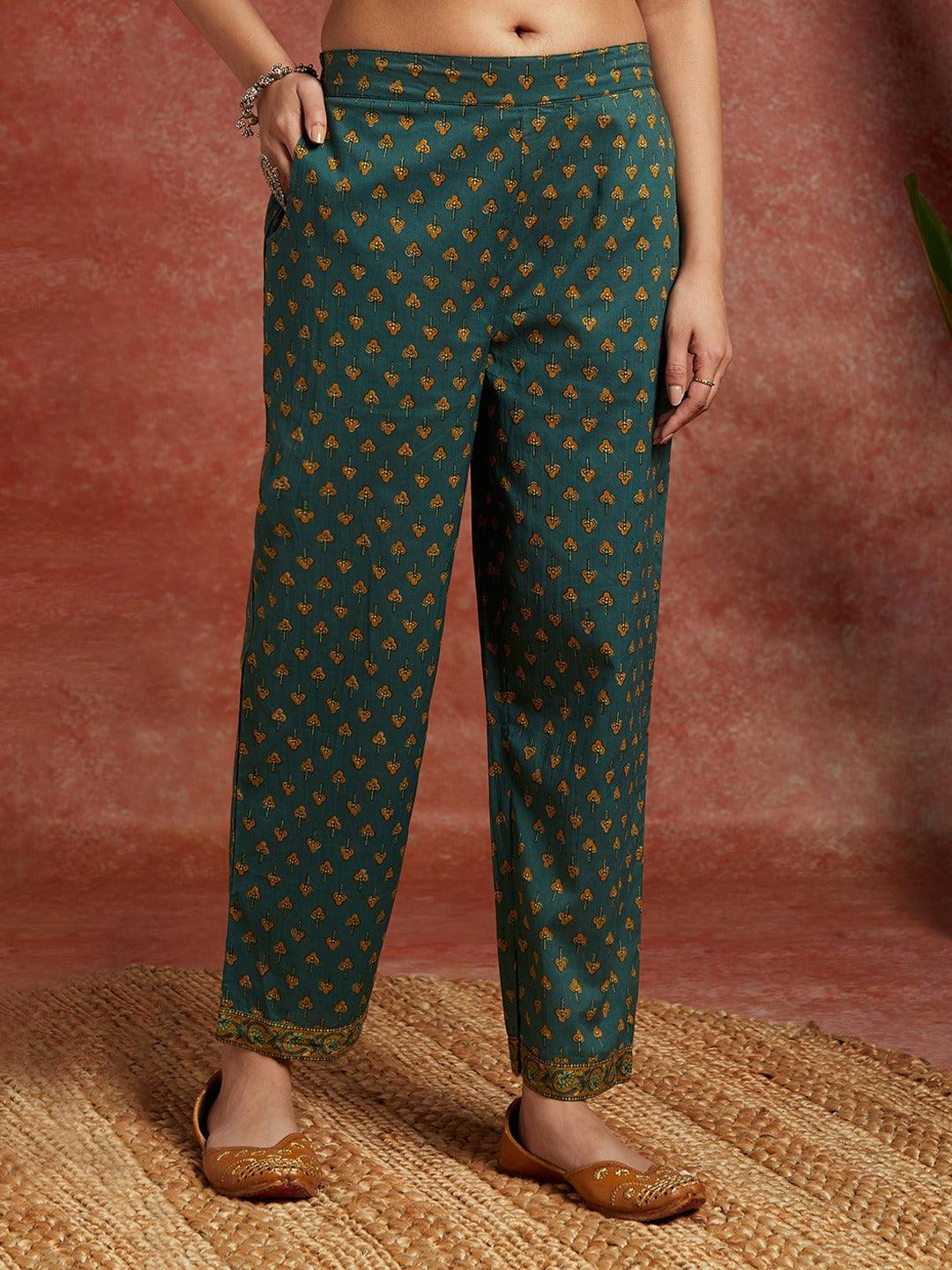 Green Printed Cotton A-Line Kurta With Trousers & Dupatta