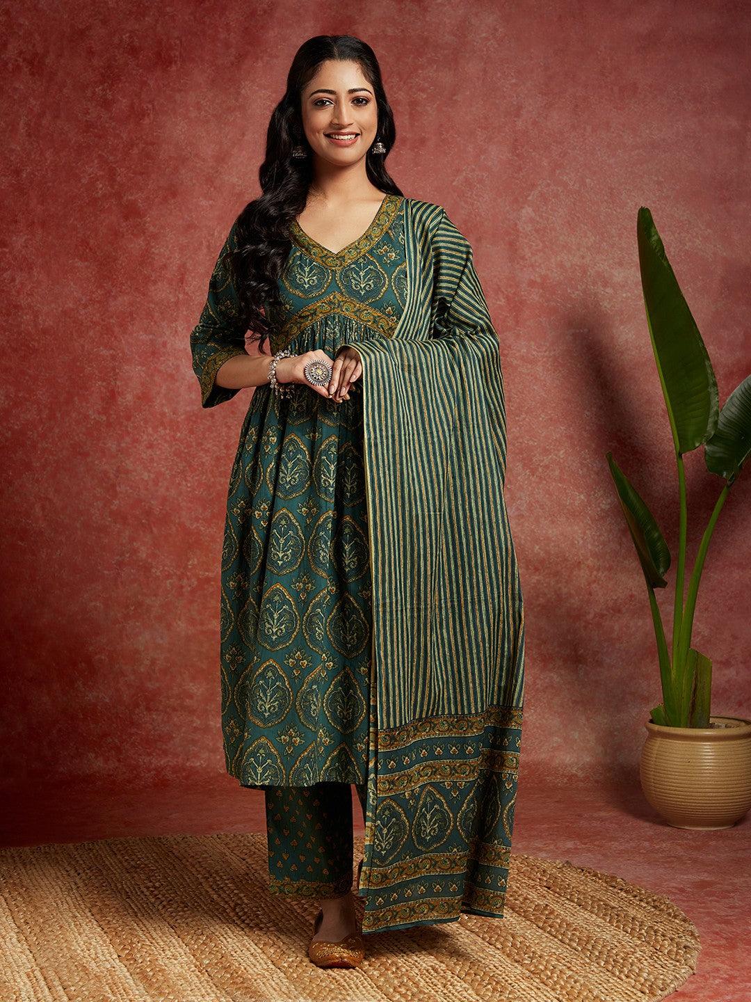 Green Printed Cotton A-Line Kurta With Trousers & Dupatta