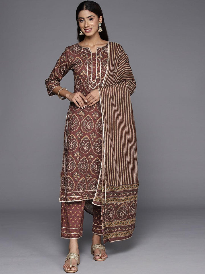 Brown Printed Cotton Straight Kurta With Trousers and Dupatta - ShopLibas