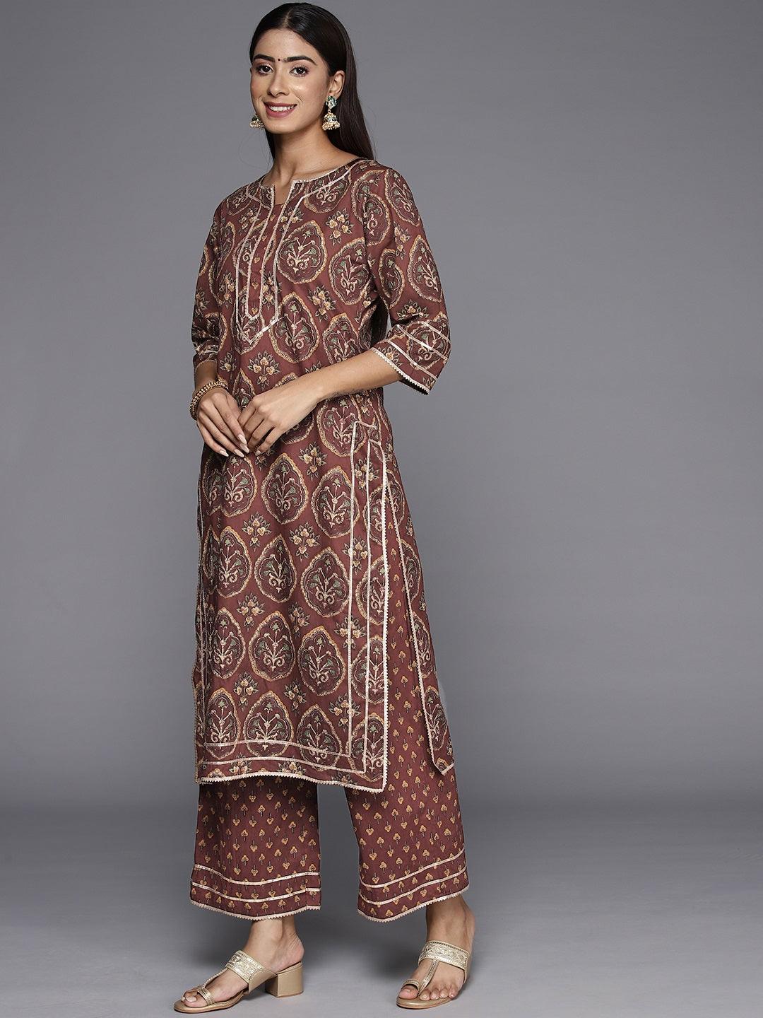 Brown Printed Cotton Straight Kurta With Trousers and Dupatta - ShopLibas