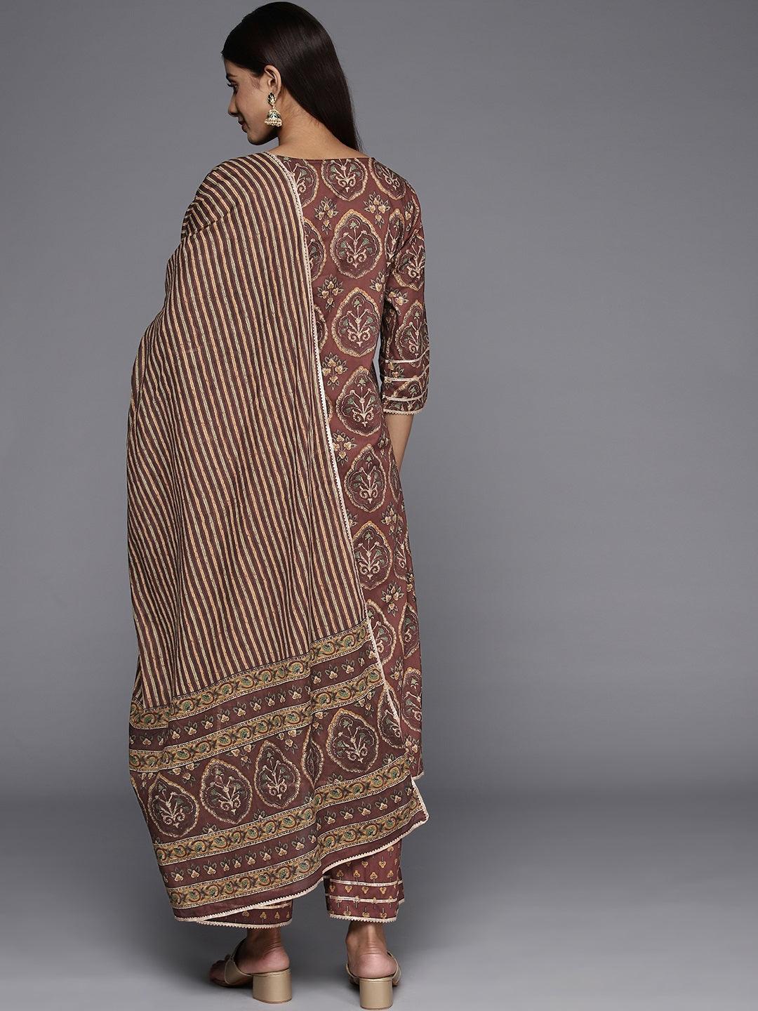 Brown Printed Cotton Straight Kurta With Trousers and Dupatta - ShopLibas