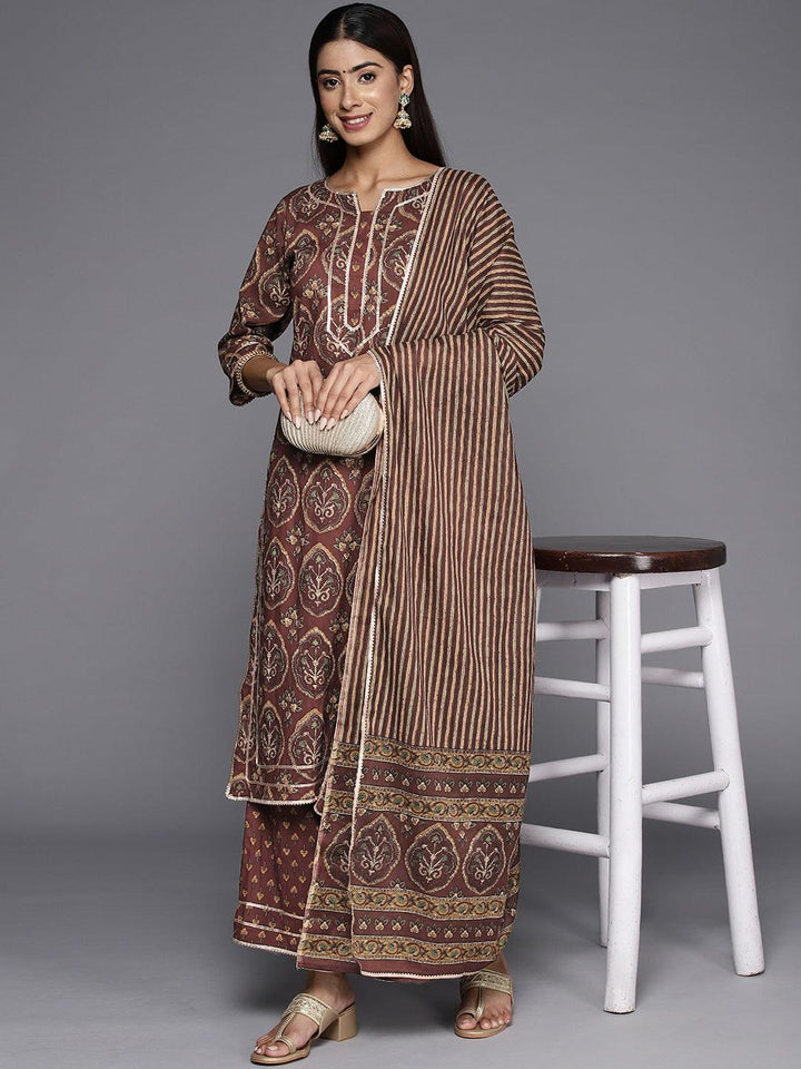 Brown Printed Cotton Straight Kurta With Trousers and Dupatta - ShopLibas