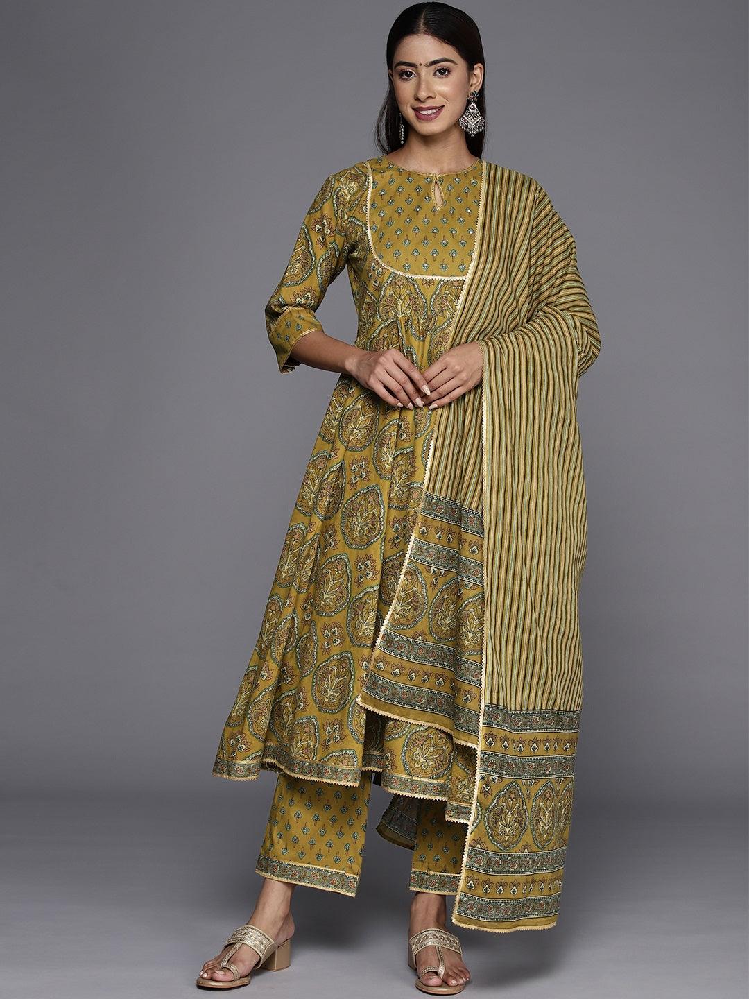 Mustard Printed Cotton Anarkali Suit With Dupatta