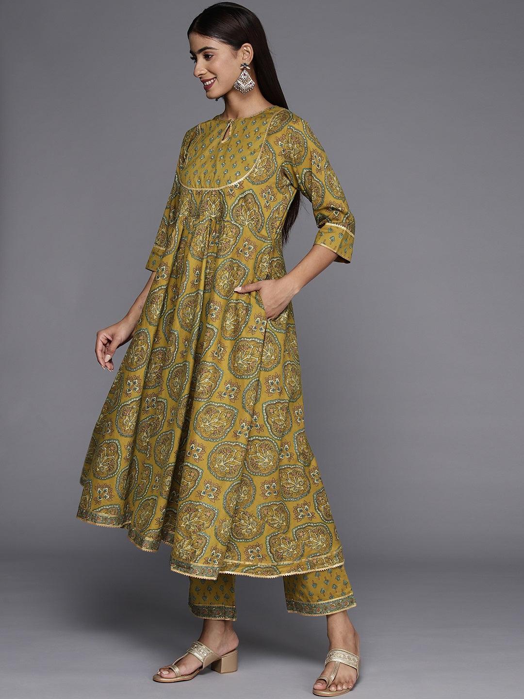 Mustard Printed Cotton Anarkali Suit With Dupatta