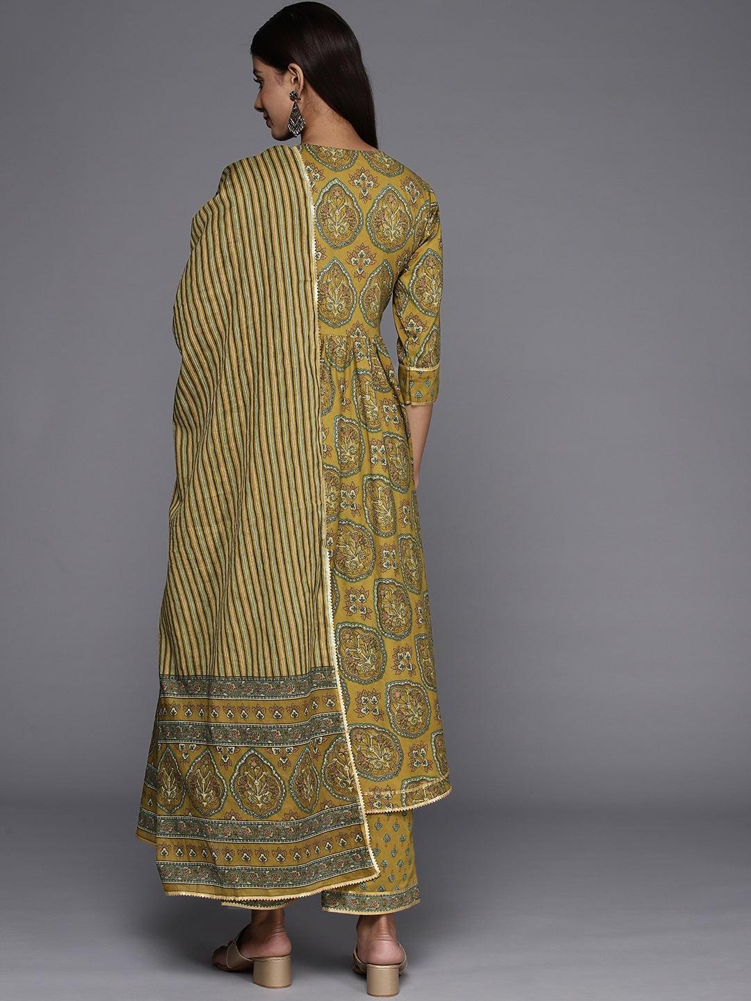 Mustard Printed Cotton Anarkali Suit With Dupatta