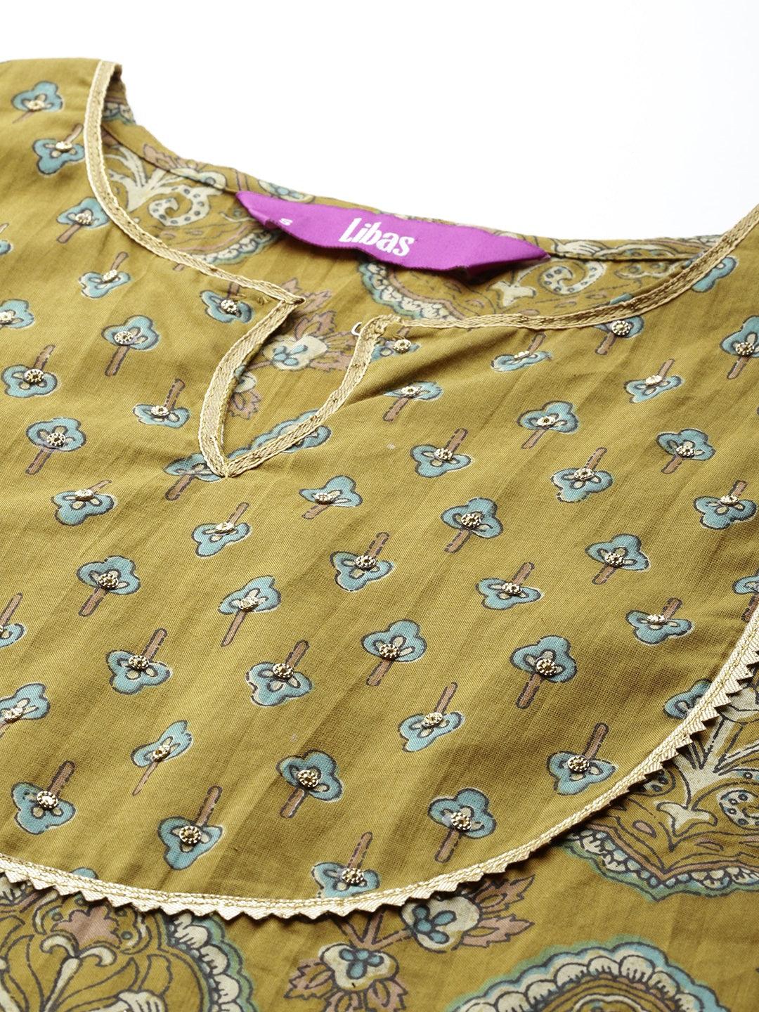 Mustard Printed Cotton Anarkali Suit With Dupatta