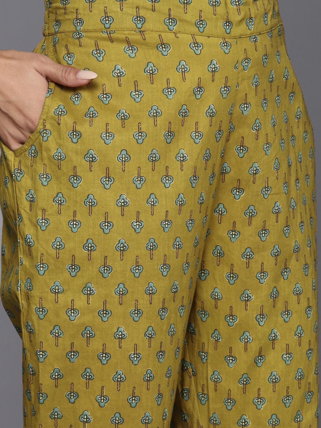 Mustard Printed Cotton Anarkali Suit With Dupatta