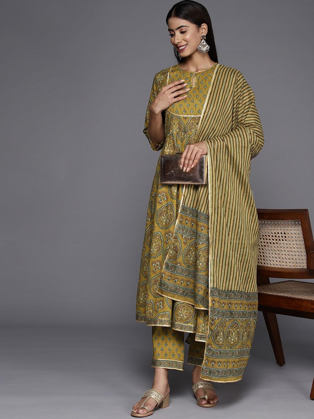 Mustard Printed Cotton Anarkali Suit With Dupatta