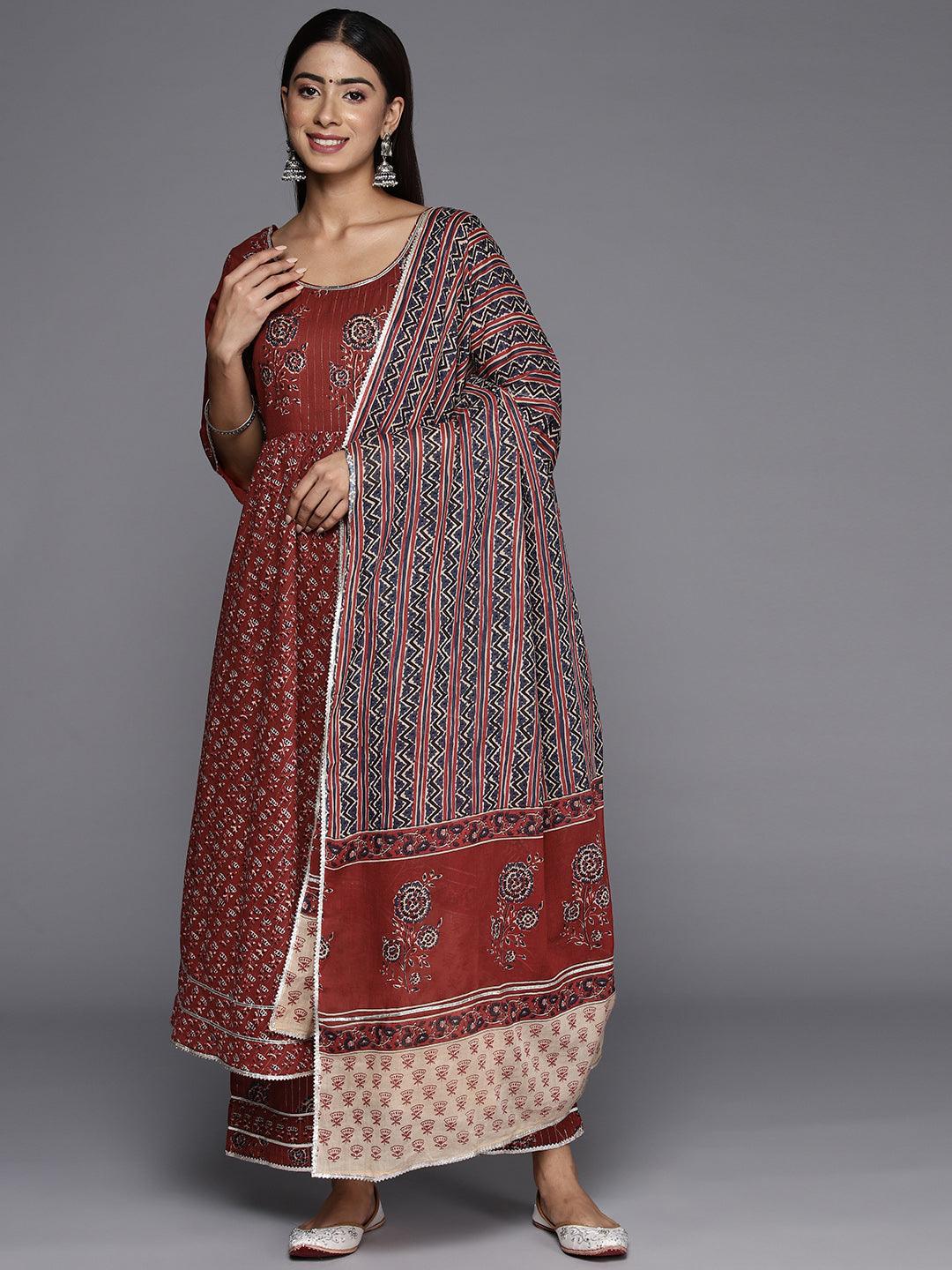 Maroon Printed Cotton Anarkali Kurta With Trousers & Dupatta - ShopLibas