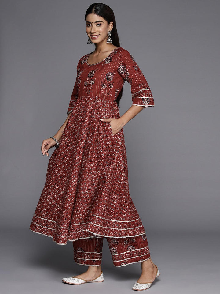 Maroon Printed Cotton Anarkali Kurta With Trousers & Dupatta - ShopLibas