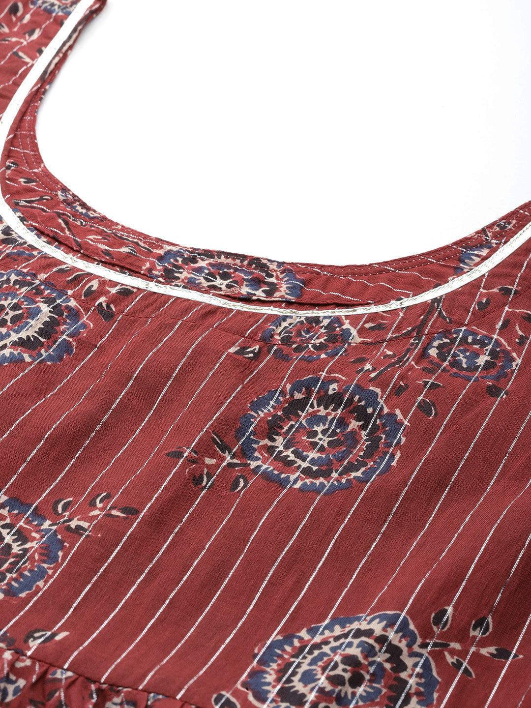 Maroon Printed Cotton Anarkali Kurta With Trousers & Dupatta - ShopLibas