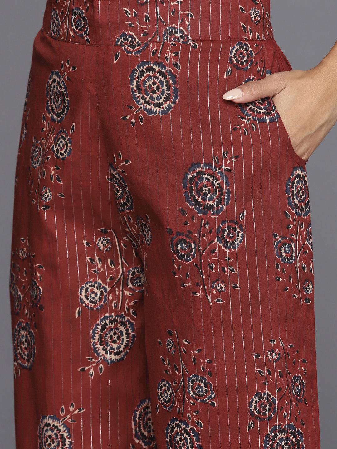 Maroon Printed Cotton Anarkali Kurta With Trousers & Dupatta - ShopLibas