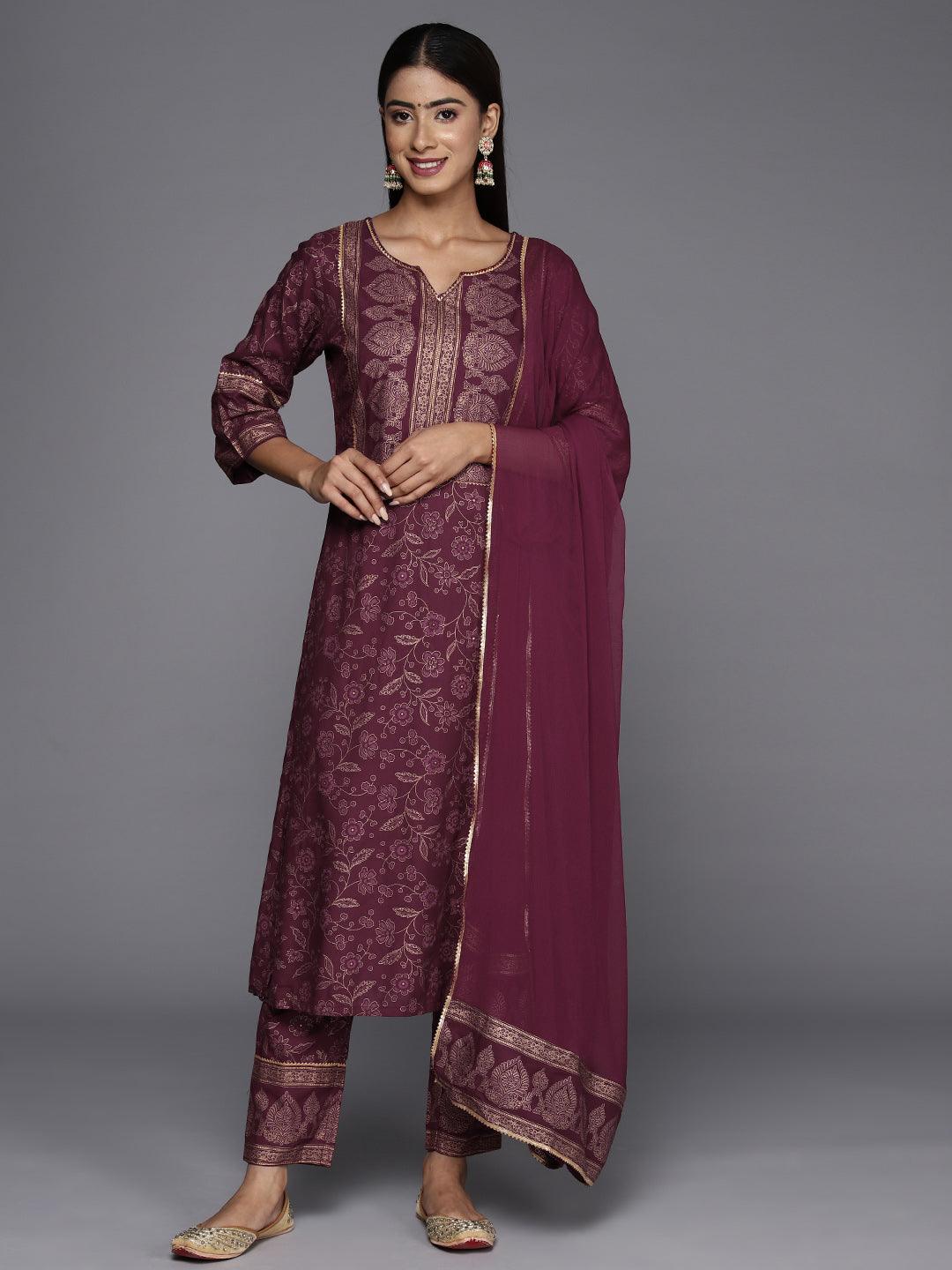 Maroon Printed Rayon A-Line Kurta