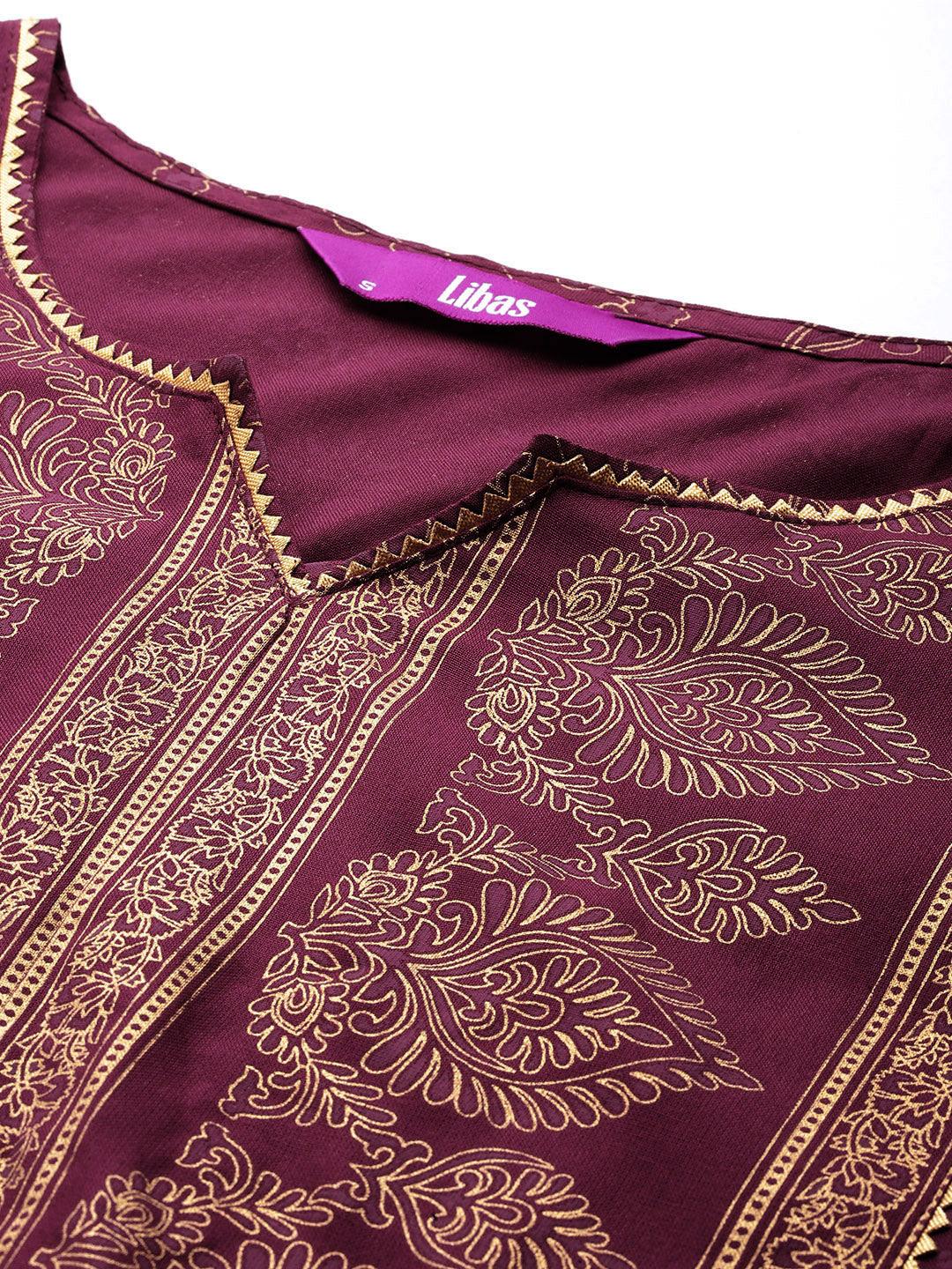 Maroon Printed Rayon A-Line Kurta