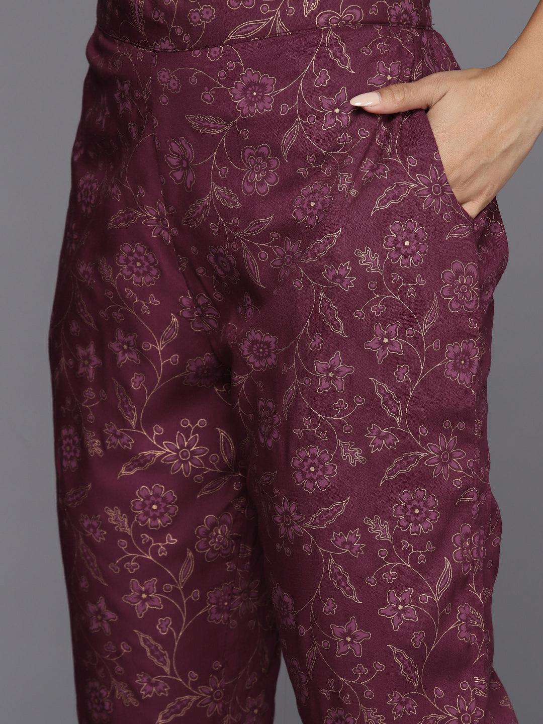 Maroon Printed Rayon A-Line Kurta