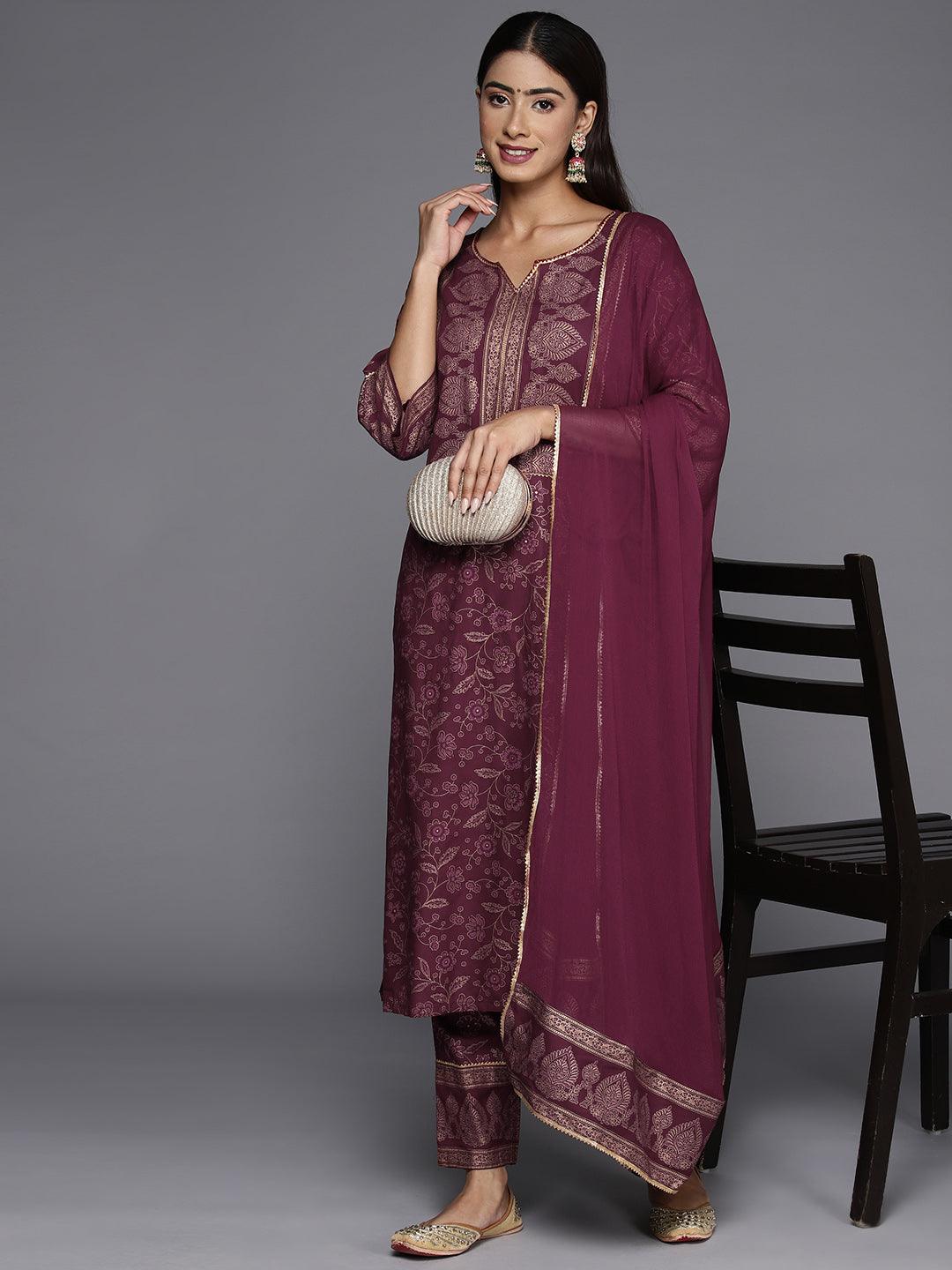 Maroon Printed Rayon A-Line Kurta